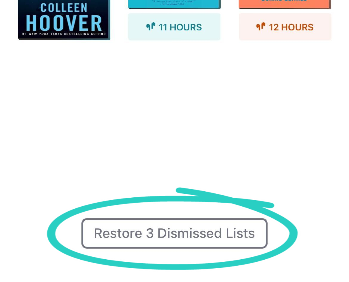 Hnappur til að endurheimta hunsaða lista sem er yfirstrikaður á upphafsskjá bókasafnsins